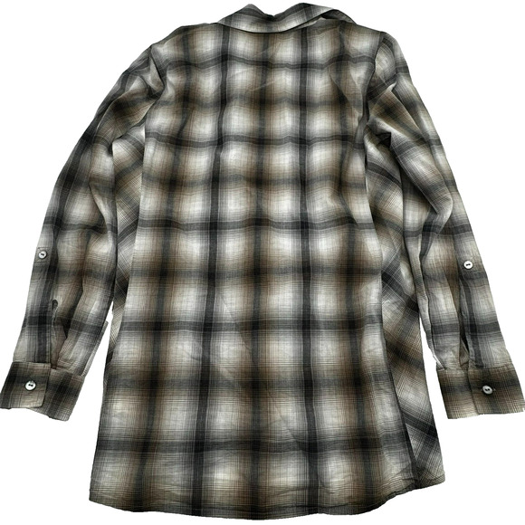 J. Jill Women's Small Tan Brown Plaid Button Up Shirt Blouse V neck Long Sleeves - Picture 3 of 10